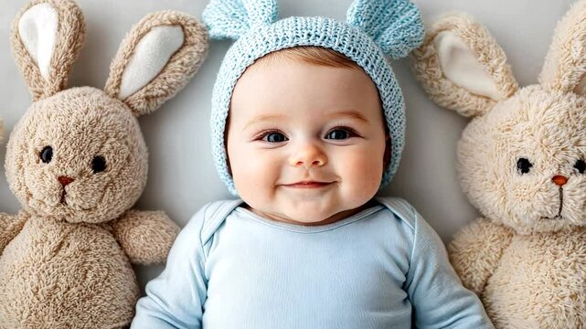 A smiling Caucasian baby wearing a knitted blue hat is surrounded by stuffed rabbit toys, symbolizing Easter and childhood innocence