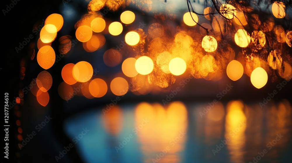 Poster warm bokeh lights reflecting on water creating a serene and dreamy atmosphere in a twilight setting