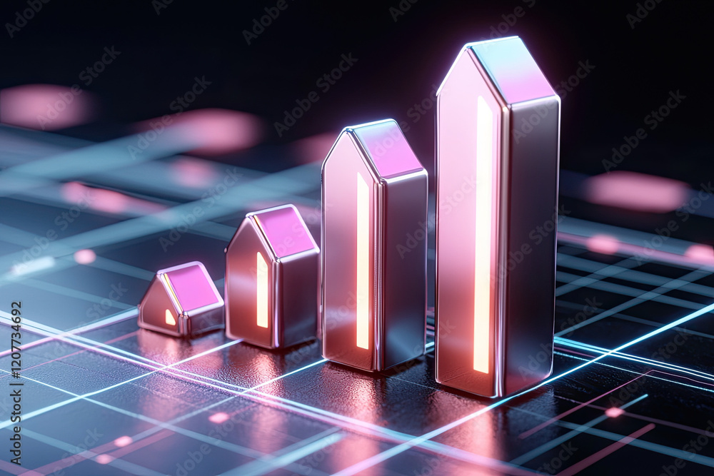 Poster futuristic glowing bar graph with neon lights representing financial growth and data analysis