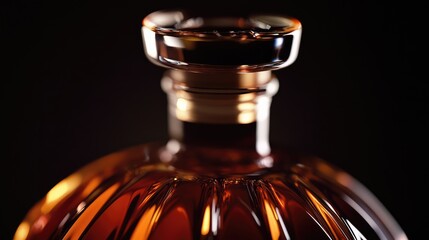 Elegant macro shot of a vintage luxury bottle showcasing intricate glass details and rich amber liquid against a dark backdrop.