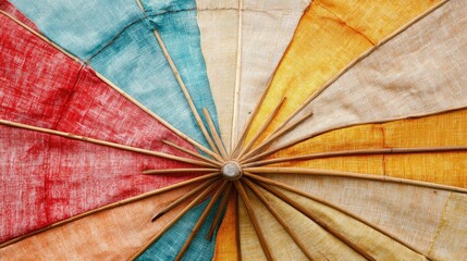 Colorful handcrafted canvas umbrella with bamboo frame showcasing rustic texture perfect for background or backdrop design elements
