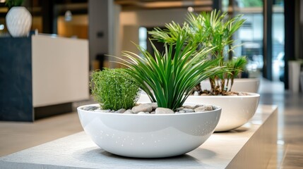 Fototapeta premium Contemporary minimalist indoor plants in white circular containers with pebbles and lush greenery in a modern architectural setting