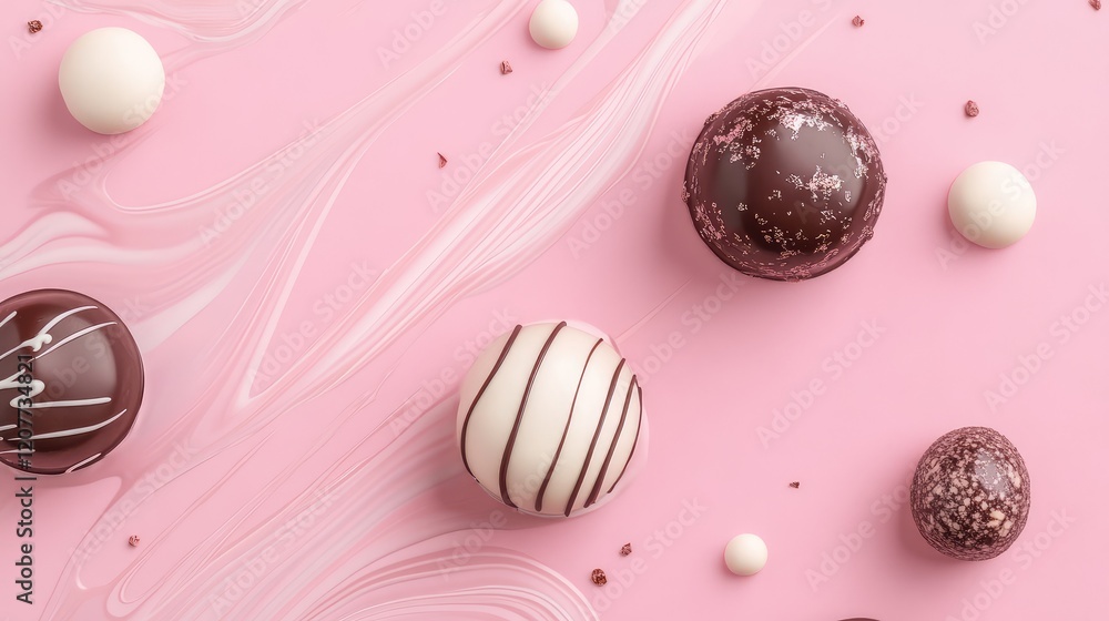 Aufkleber delicious assorted chocolates with glossy mirror glaze arranged on a soft pink background with abstr