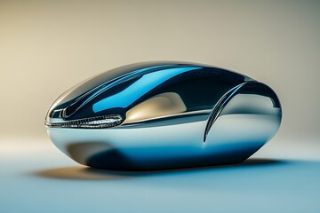 A sleek blue and silver object with reflective metallic surfaces, elegantly displayed against a minimalist background, highlighting its glossy details.