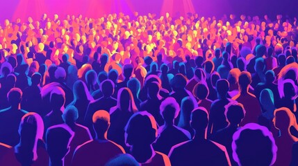 Vibrant crowd at rock concert under vivid purple and orange lights, enthusiasts united in a lively music festival, celebrating joy and excitement.