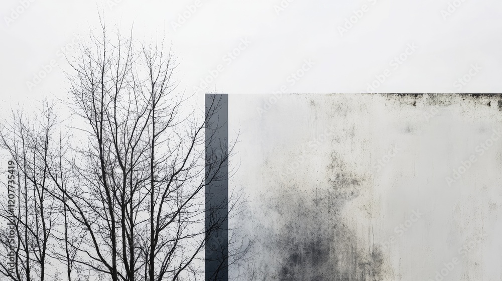 Poster minimalist abstract artwork showcasing bare trees against a textured background with linear design e