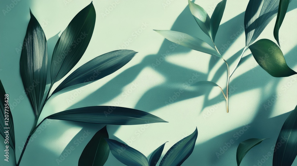 Poster elegant minimalist composition showcasing dark green leaf shadows on a soft mint green background cr