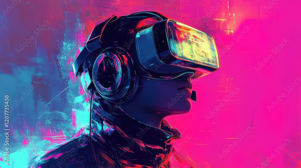 Poster man using virtual reality headset illuminated by vibrant neon pink and blue lights profile view in m