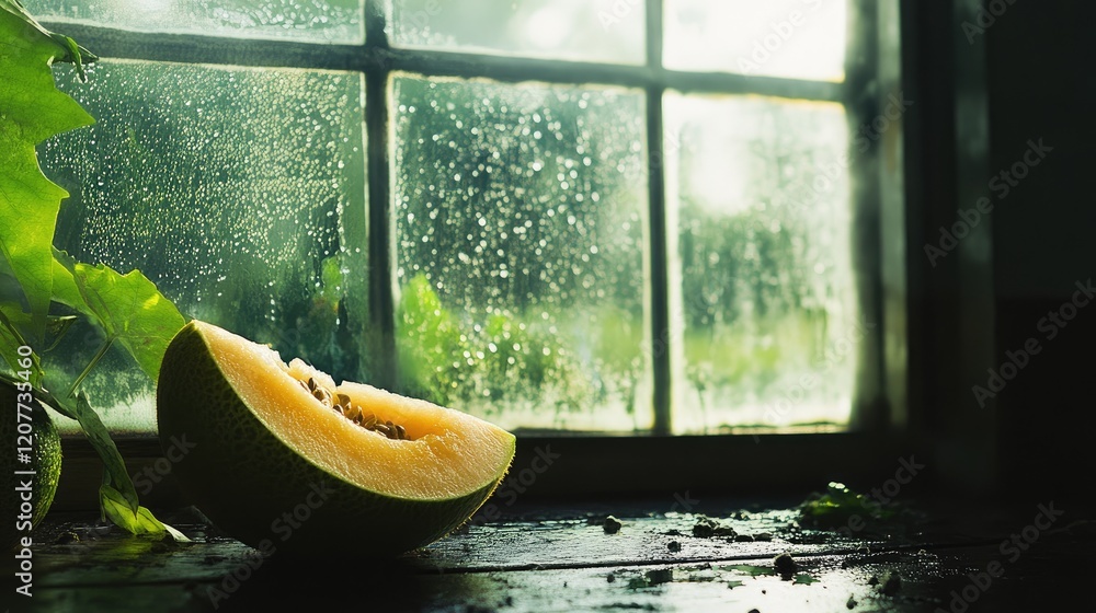 Poster fresh melon slice resting on a windowsill with raindrops creating a serene and inviting atmosphere c