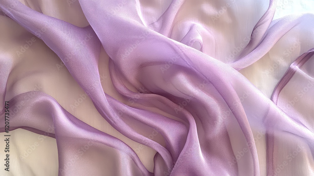 Poster soft lilac silk fabric draping elegantly like a cloud with delicate translucent layers creating a se