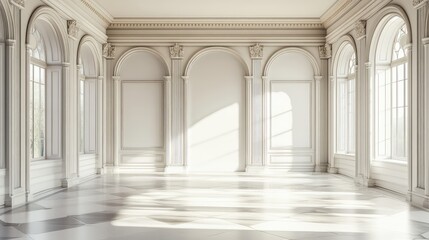 Fototapeta premium Bright and Airy Classic Modern Interior Featuring Arched Windows and Blank Walls, Soft Natural Light Illuminating the Space