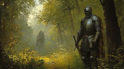 Fototapeta premium A Lone Knight in a Mystical Forest: Digital Painting of Medieval Fantasy