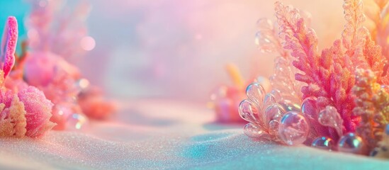 Fototapeta premium Festive tropical beach background with defocused pink bubbles and organic shapes, featuring a vibrant gradient and soft sand textures for elegant summer decor.