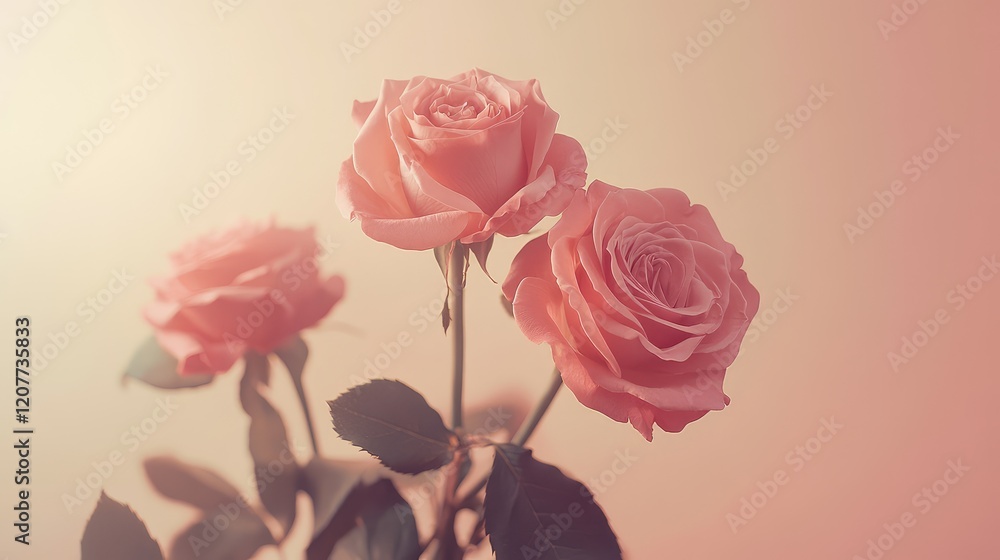 Poster elegant peachy pink roses arranged on a soft gradient background with ample negative space for text 