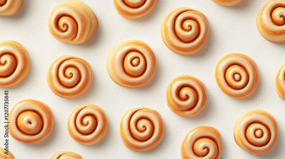 Poster close-up view of assorted cinnamon buns arranged on a pristine white table surface showcasing inviti