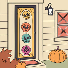 Festive Halloween Door with Colorful Skulls and Pumpkin - Vector Illustration