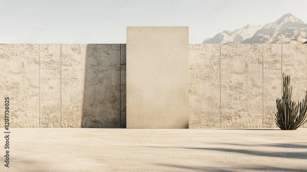 Poster minimalist vertical frame display against sand colored wall with concrete texture and cactus in dese
