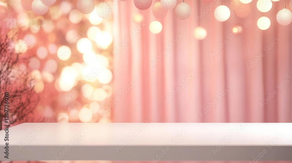 Poster large empty white tabletop in bright coffee shop with soft pink bokeh background and warm glowing li
