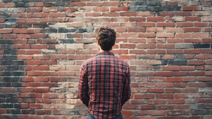 Contemplative Man in Plaid Shirt Facing a Weathered Brick Wall in Urban Environment