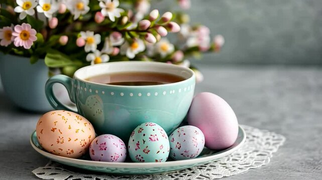 A pastel-colored cup of coffee with decorated Easter eggs and flowers, symbolizing spring and Easter celebrations