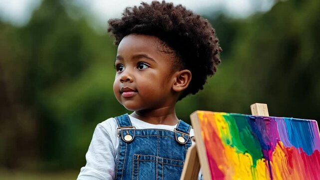 A young Black boy in denim overalls painting outdoors, celebrating creativity and childhood