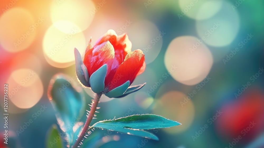 Poster vibrant autumn macro of a single poppy flower with soft focus and bokeh capturing red and green hues