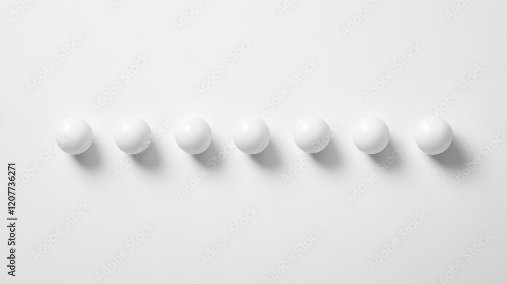 Poster minimalist composition of white spheres aligned in a row on a subtle white backdrop emphasizing simp