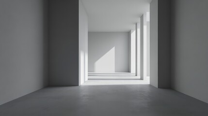 Fototapeta premium Spacious minimalist interior featuring light gray walls and a soft natural light casting shadows, creating a tranquil and open atmosphere in modern design.