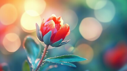 Obraz premium Vibrant autumn macro of a single poppy flower with soft focus and bokeh capturing red and green hues in a serene park setting