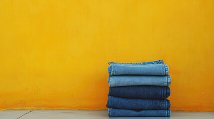 Stack of outdoor fashion denim jeans on light gray floor against vibrant yellow wall with customizable space for text or logo