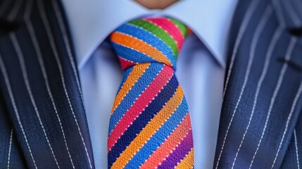Bold Statement: A close-up shot of a colorful striped tie on a pinstriped suit, exuding a bold personality and a vibrant flair for fashion.  