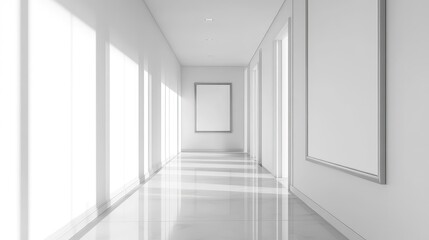 Obraz premium Minimalist hallway interior featuring white and grey tones with natural light, showcasing empty poster frames in a contemporary design.