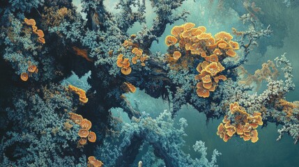Obraz premium Lichens on tree branches showcasing vibrant symbiotic fungi in a natural, artistic representation of ecosystem diversity and beauty.
