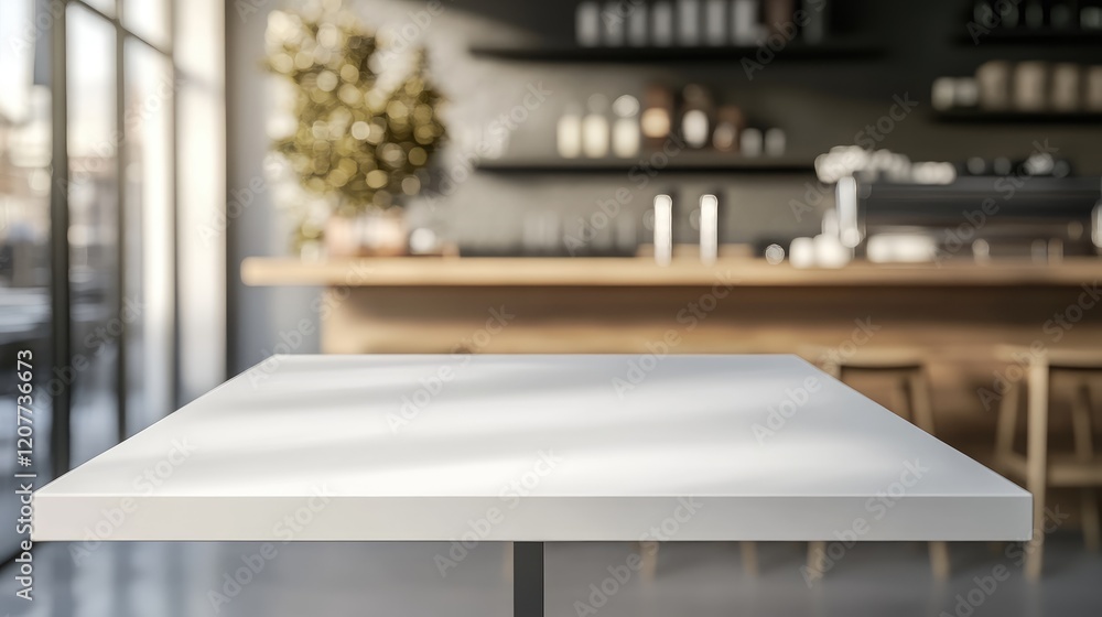 Poster large empty white table in modern coffee shop with blurred bokeh background showcasing product mocku