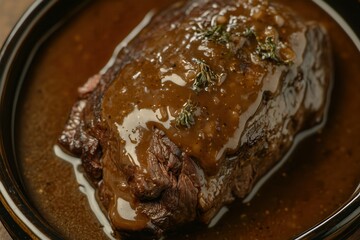 Rich slab of roast beef drenched in a luscious demi-glace gravy. The succulent meat and savory sauce epitomize gourmet culinary excellence.