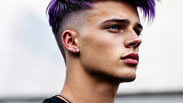 Young Caucasian male with vibrant purple hair and a modern undercut, symbolizing youth culture and individuality
