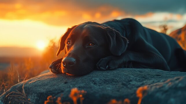 Large black dog lounging on rocky seaside at sunrise, golden rays illuminating serene landscape, evoking feelings of hope and companionship - Powered by Adobe