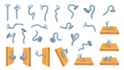 Bent nails. Hammered benting nail, broken used hobnails wall fasteners with metal head iron sharp spikes for hammer wood house construction carpentry tool, neat vector illustration