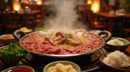 Bubbling hotpot with fresh ingredients like beef and seafood in Taiwan