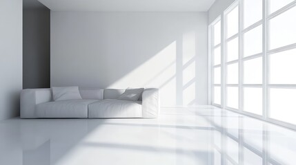 Fototapeta premium Bright minimalist living room with large white windows casting natural sunlight on grey and white decor, showcasing a modern aesthetic and clean lines.