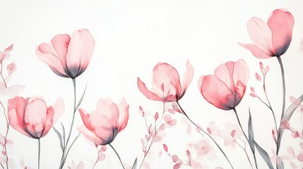 Pastel pink watercolor tulips and blooming branches on a bright white background in a minimalist hand-drawn design for elegant decor.