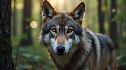 Fototapeta premium Wolf with sharp yellow eyes gazes from dense forest