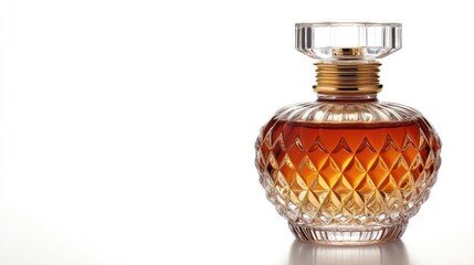 Elegant Cut Glass Luxury Perfume Bottle with Amber Liquid Against White Background in Studio Setting, Close-Up View, High-Quality Product Photography