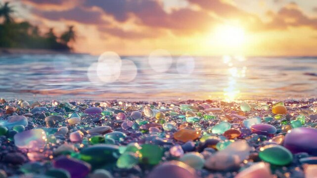 Vibrant Sea Glass Beach at Sunset, Colorful Stones and Ocean Waves