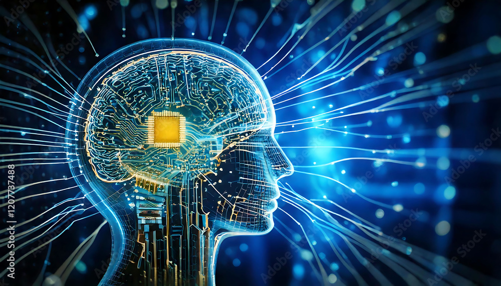 Poster stunning digital art depicting a translucent head with circuitry resembling a brain, emitting stream