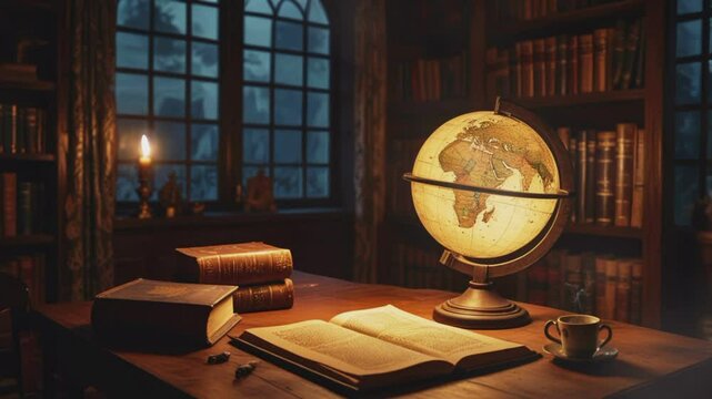 Old map and ancient manuscripts in library, 4K seamless looping virtual video animation background