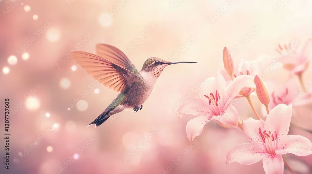 Poster hummingbird in flight near pastel pink lilies on soft blurred background with bokeh effect in delica