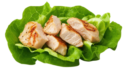 Grilled chicken pieces served on a bed of fresh green lettuce.