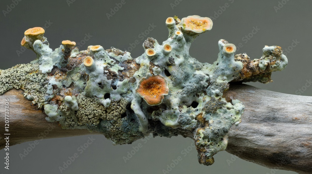 Poster lichen growth on a tree branch showcasing intricate textures and colors in a natural setting of biod