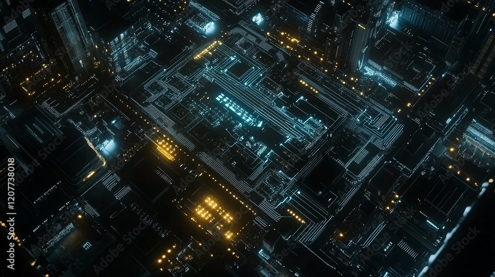 Poster abstract futuristic glowing circuit board with illuminated pathways and components